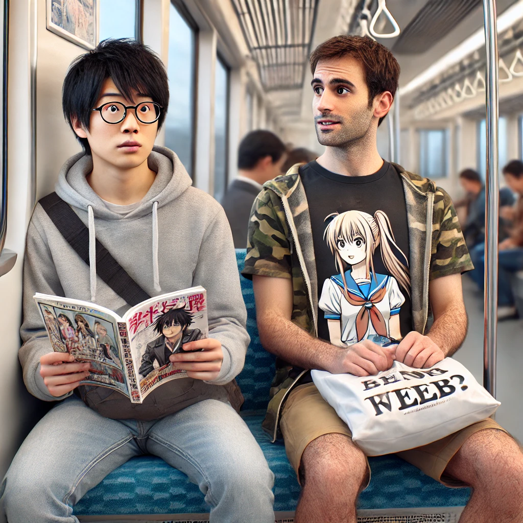 Otaku vs Weeb: An otaku reading manga on a train looks confused and frightened by the weeb sitting next to him.